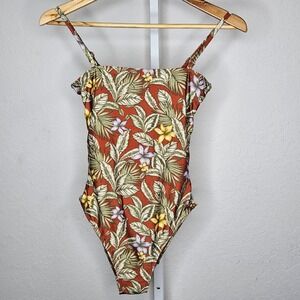 Aeropostale Womens Tropical Floral Lace Up Side One Piece Swimsuit Rust Medium